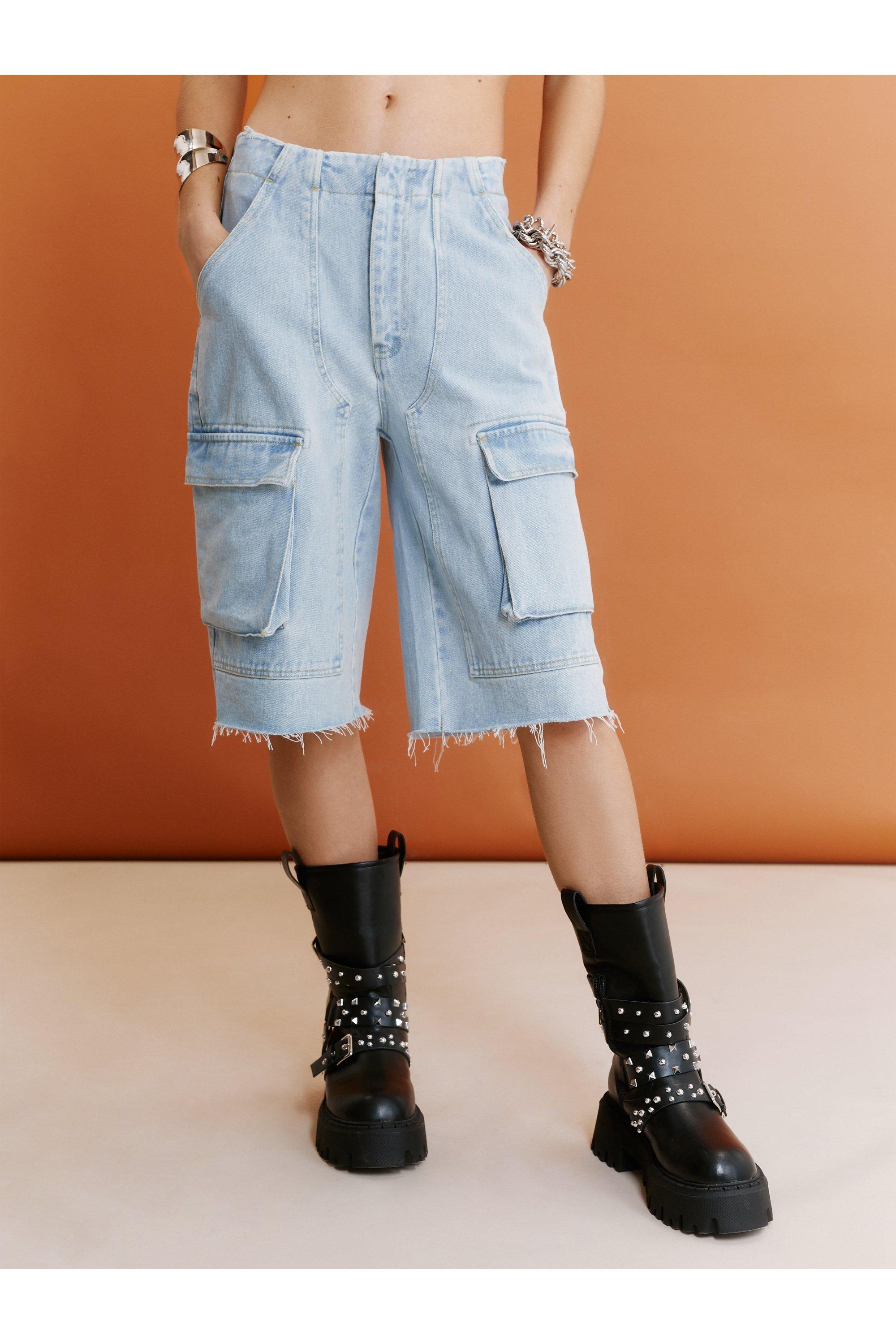 Mix Denim Unique Half-Design Cargo-Pants Wide-Pants